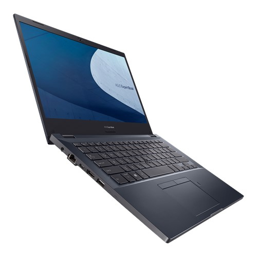 Un computer portatile Asus ExpertBook blu inclinato con porte e tastiera visibili su sfondo bianco.