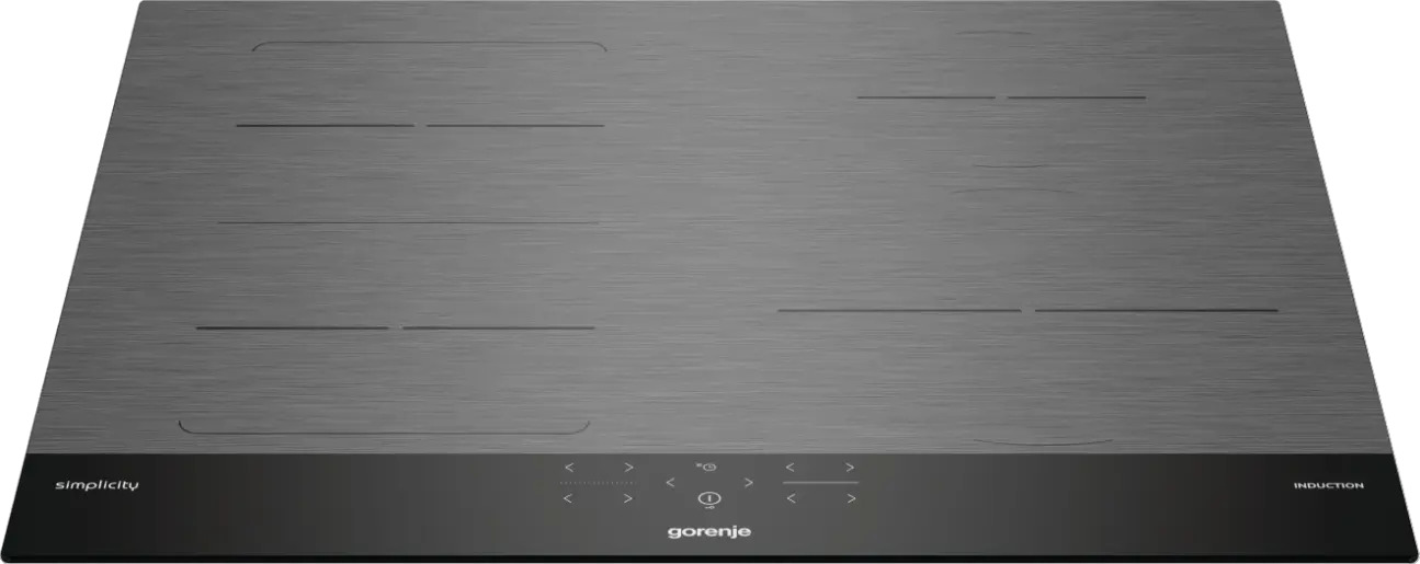 Szara płyta indukcyjna z czarnym panelem sterowania i logo Gorenje.