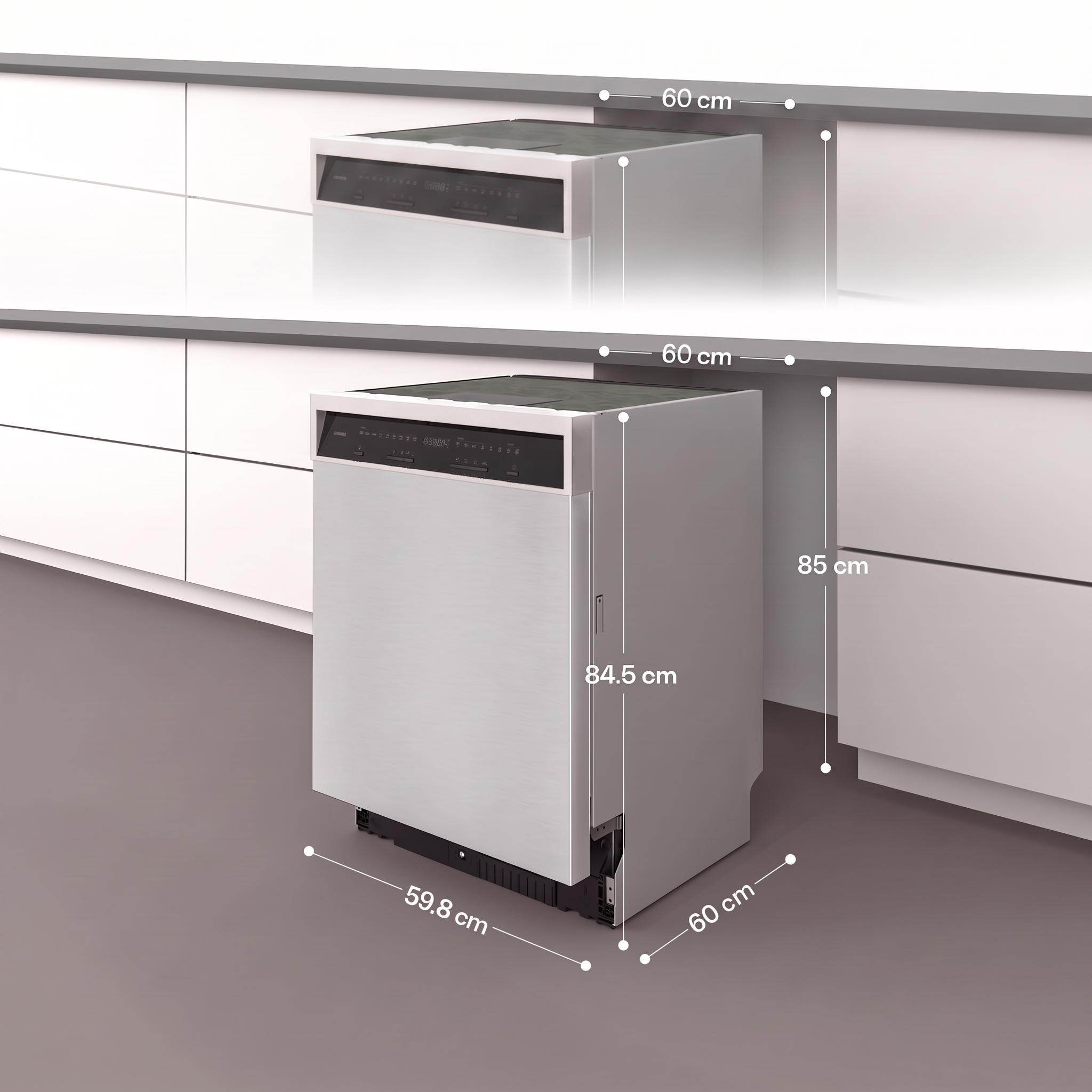 Diagramma che mostra le dimensioni di una lavastoviglie da incasso in una cucina moderna.