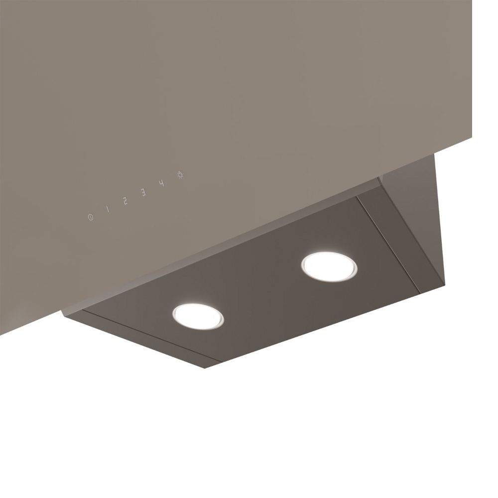 A modern grey cooker hood with touch controls and two glowing LED lights on its underside.