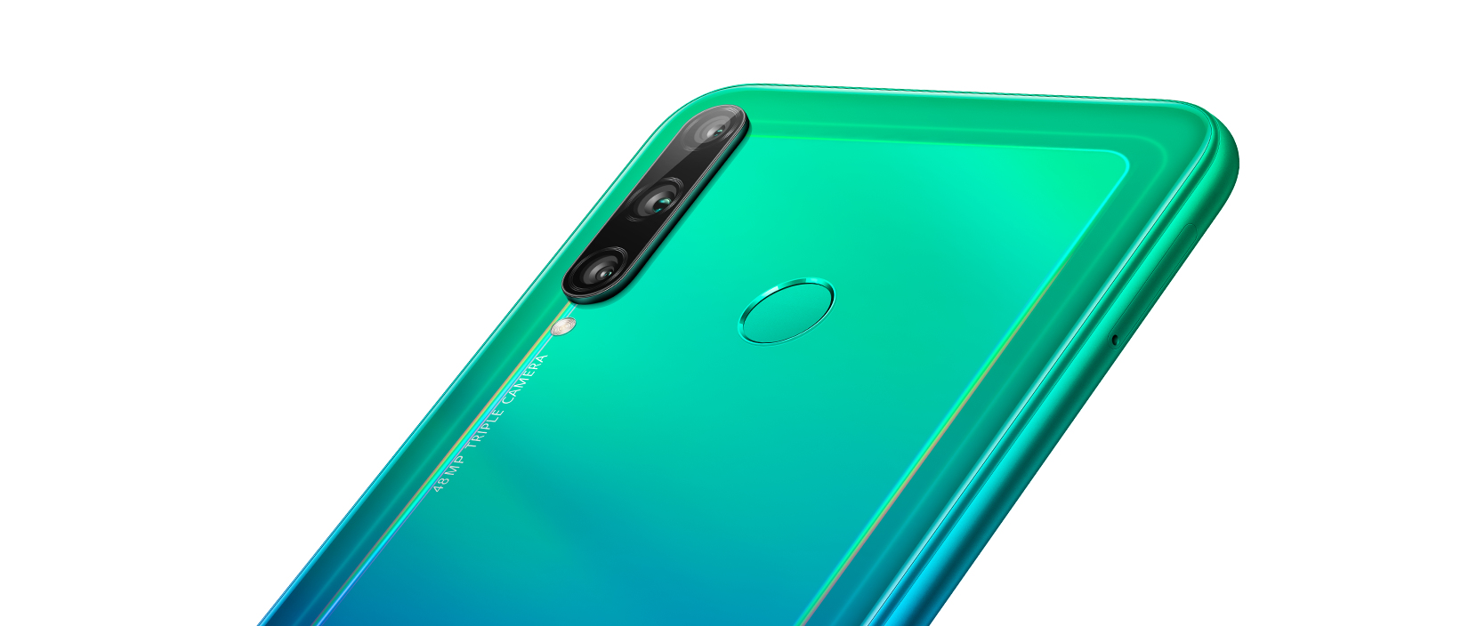Rückseite eines leuchtend grünen Smartphones mit Dreifachkamera und Fingerabdrucksensor auf weißem Hintergrund.