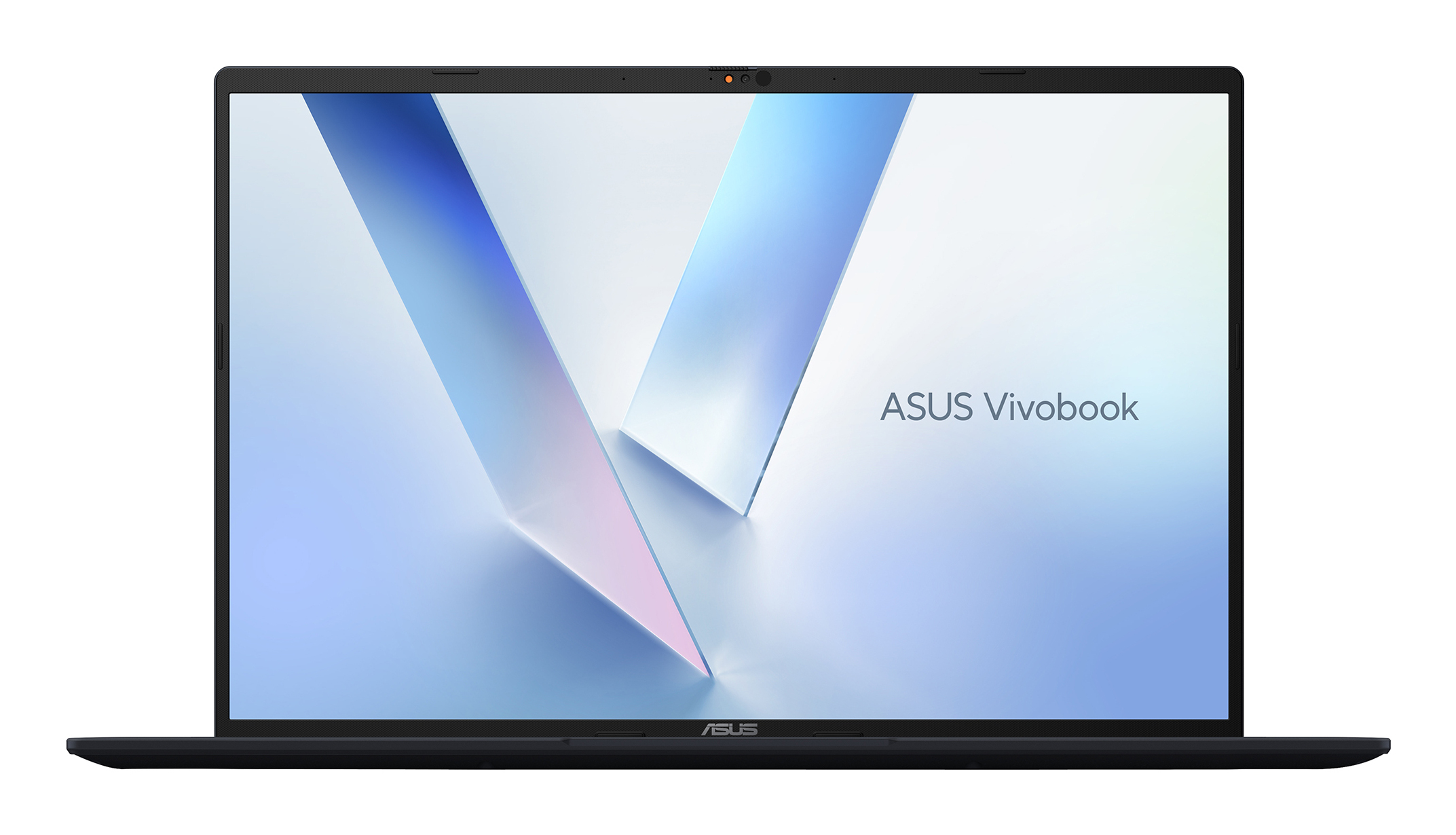 Frontansicht eines ASUS Vivobook Laptops mit blauem Hintergrund auf dem Bildschirm.