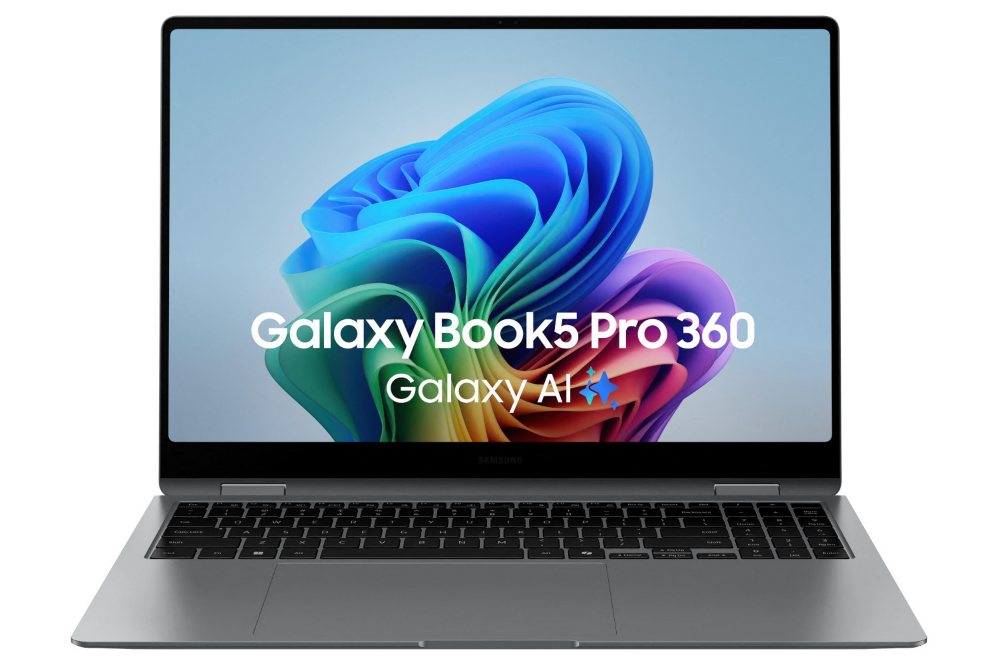 A Galaxy Book5 Pro 360 laptop displaying a colorful abstract graphic on its screen.