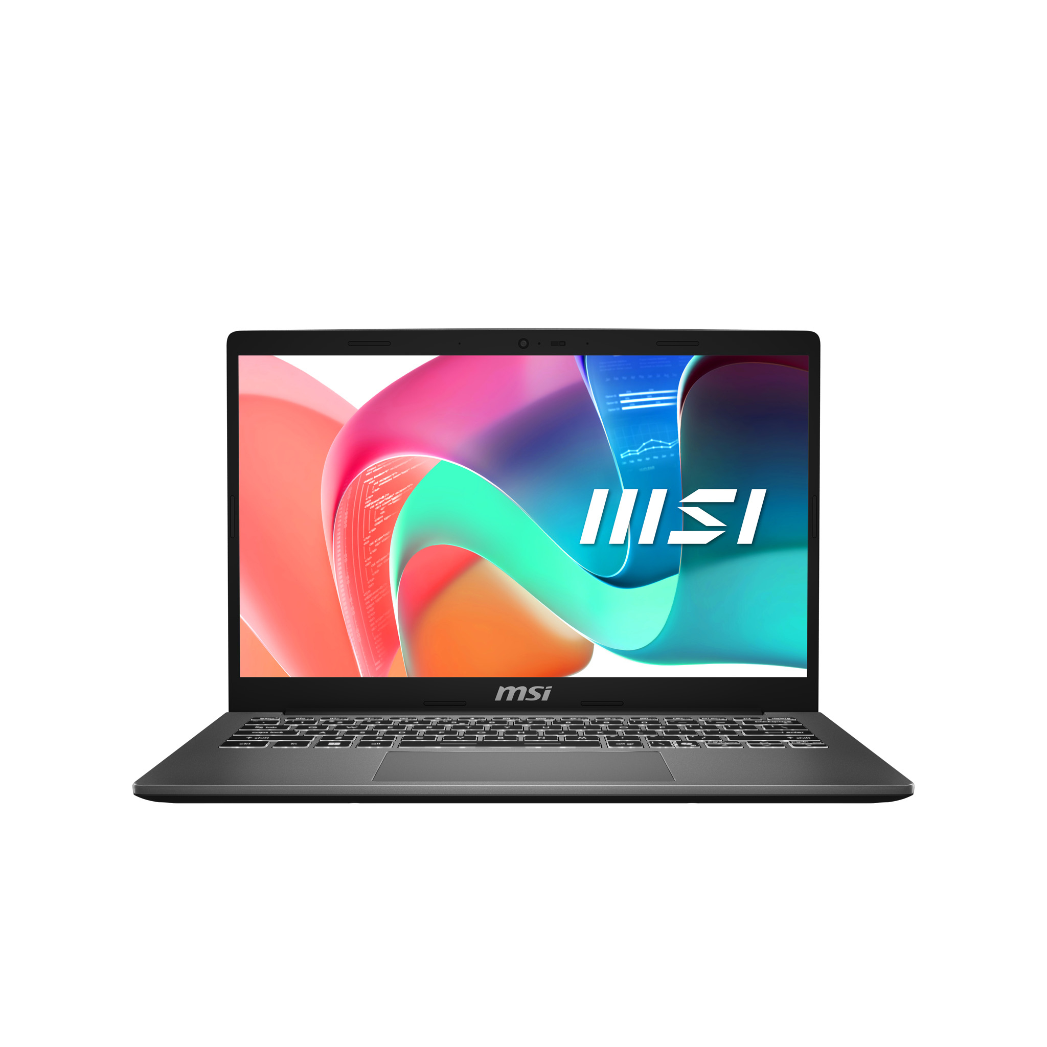 Ein offener, grauer MSI-Laptop mit buntem Wallpaper und weißem MSI-Logo auf dem Bildschirm.
