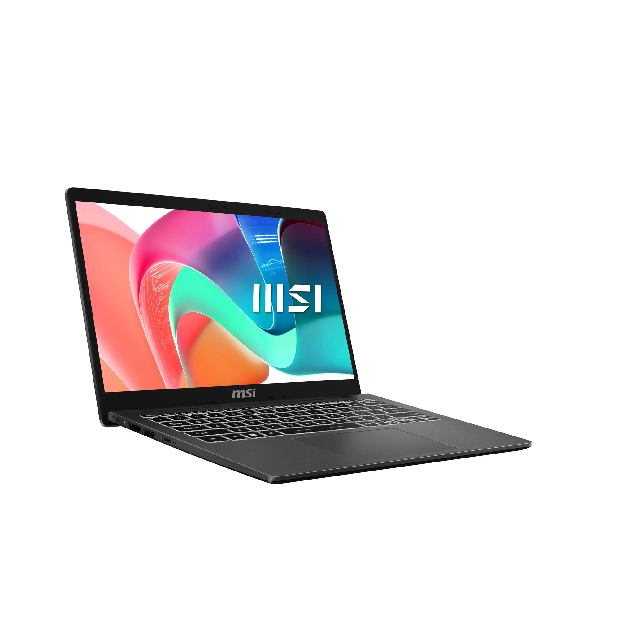 Ein schwarzer MSI Laptop mit bunter abstrakter Bildschirmgrafik auf einem weißen Hintergrund.
