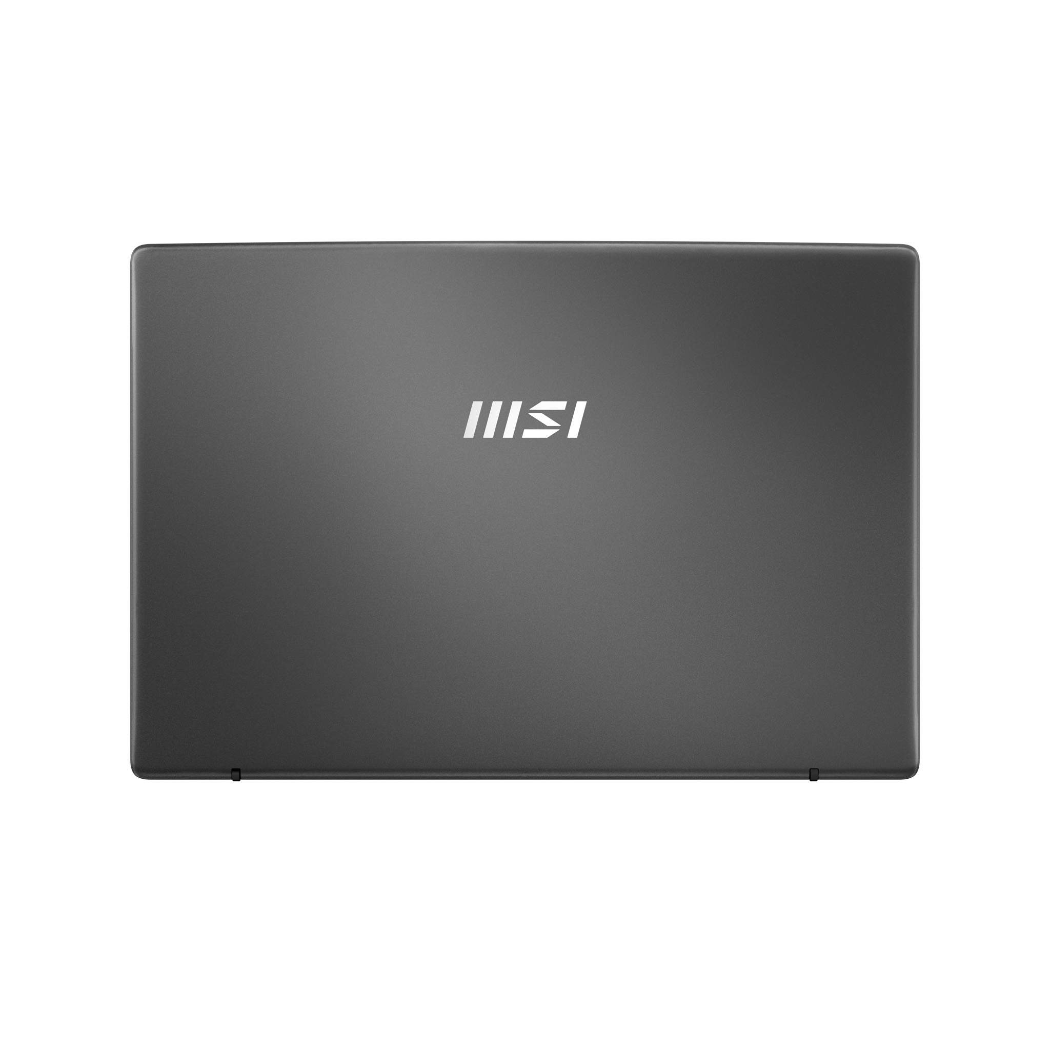 Geschlossener grauer MSI-Laptopdeckel mit weißem MSI-Logo vor weißem Hintergrund.