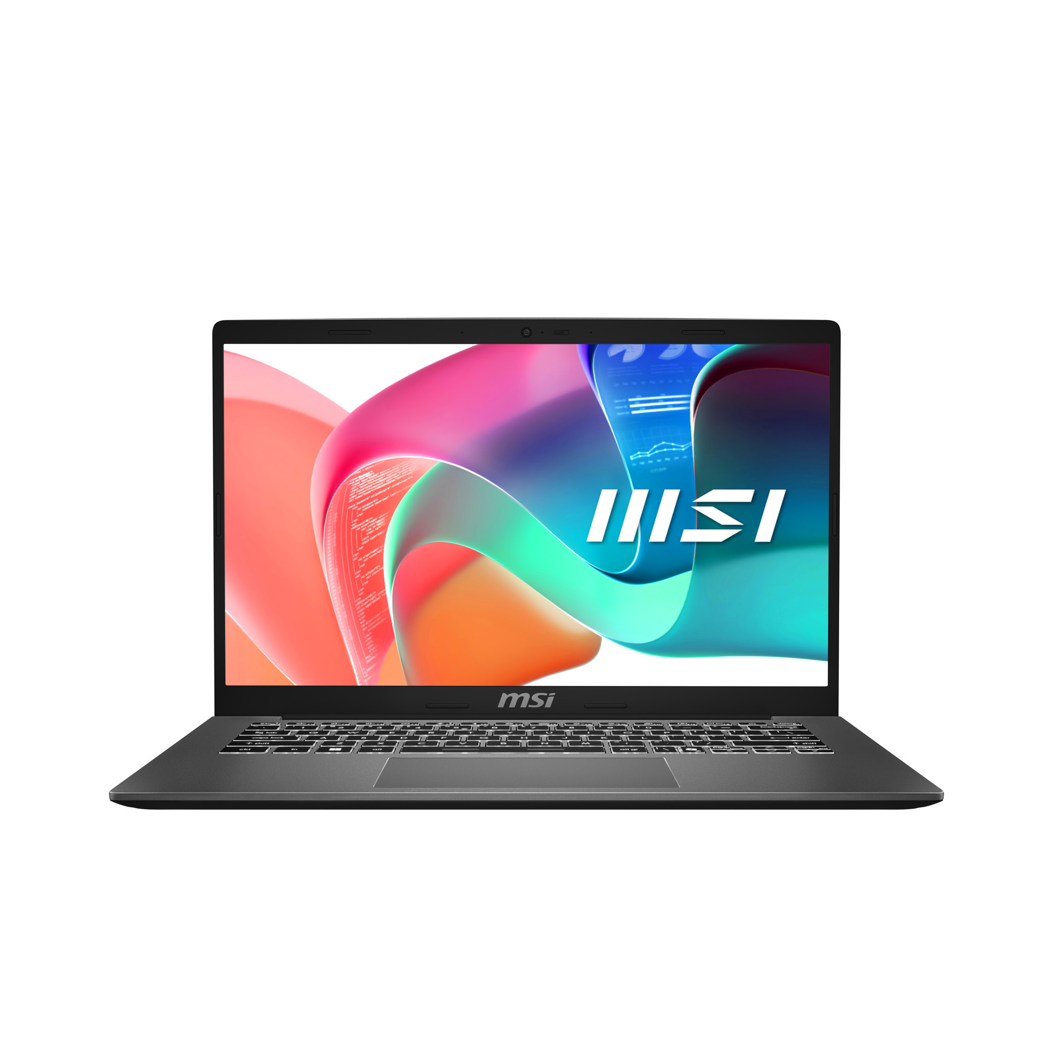 Ein geöffneter, dunkelgrauer MSI-Laptop zeigt ein lebhaftes, abstraktes Hintergrundbild vor weißem Hintergrund.