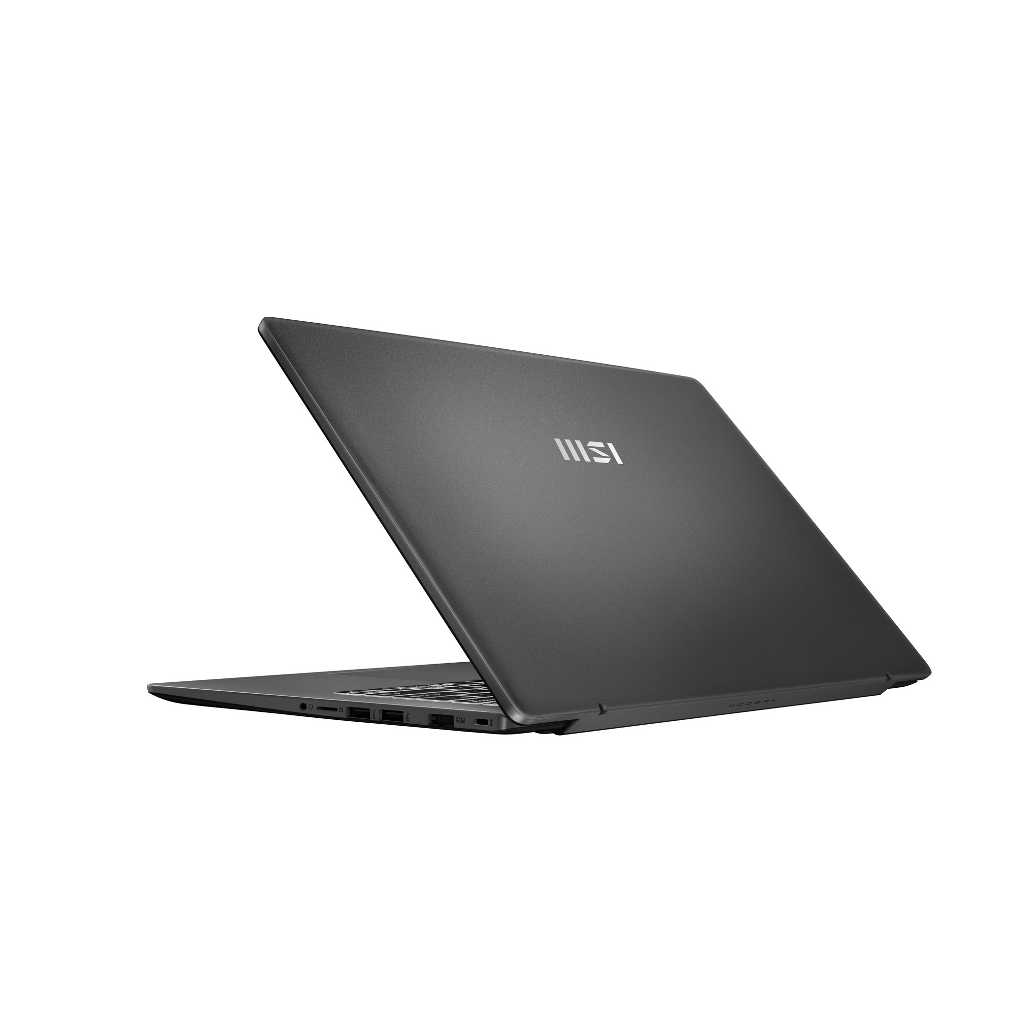Ein schickes, dunkelgraues MSI-Laptop steht angewinkelt mit geschlossenem Deckel vor weißem Hintergrund.