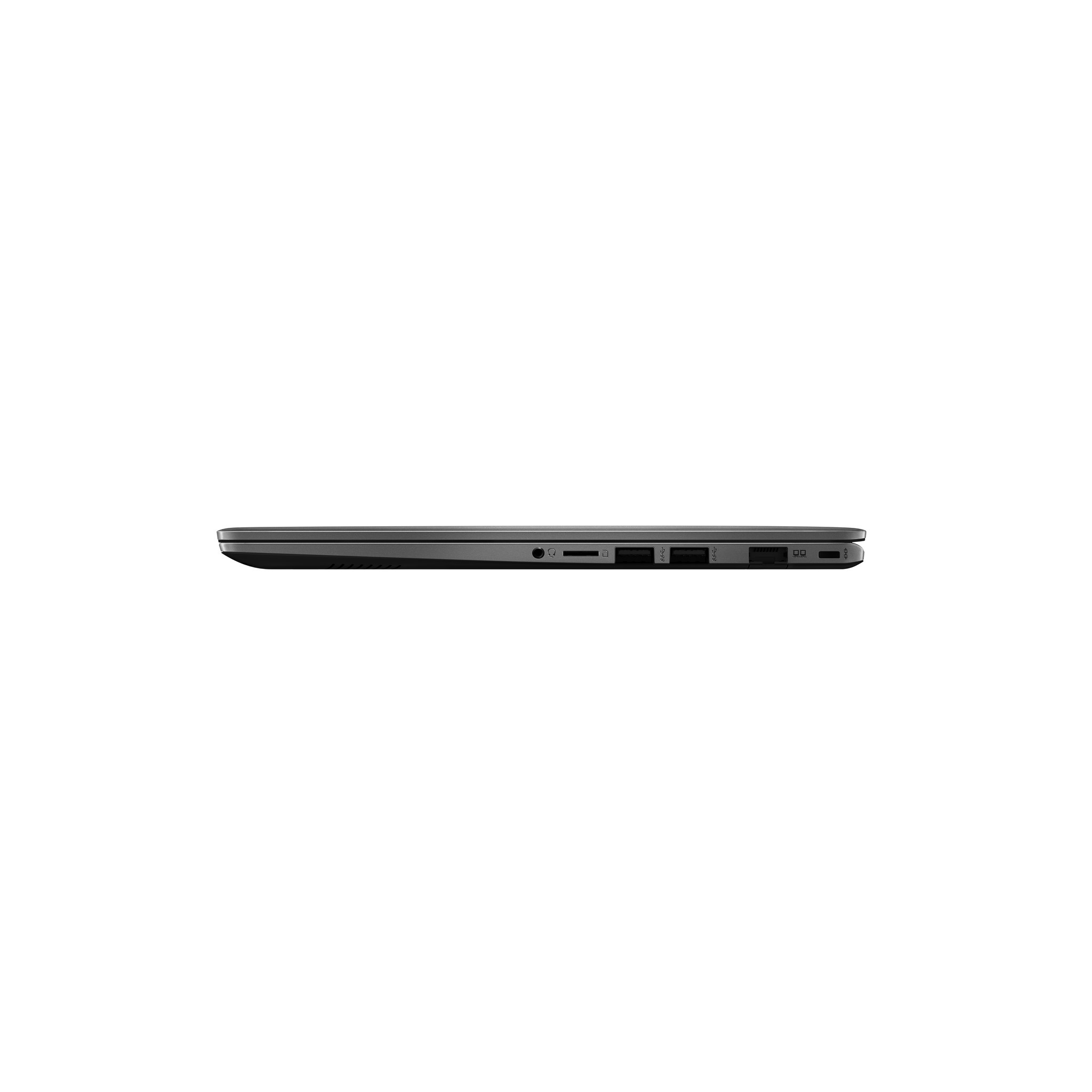 Linke Seite eines geschlossenen grauen Laptops mit verschiedenen Anschlüssen auf weißem Hintergrund.