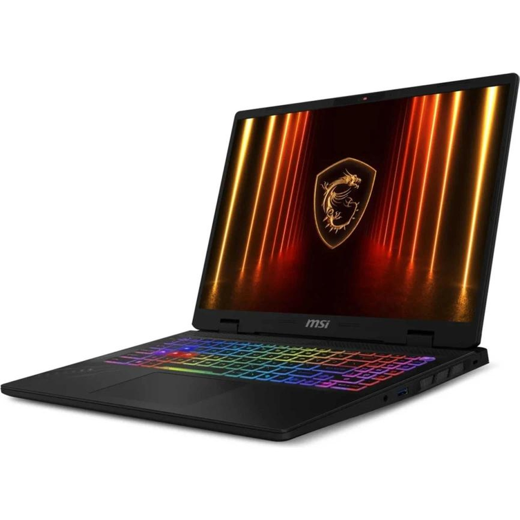 Renkli RGB klavyeye ve ejderha logolu ekrana sahip siyah bir MSI oyuncu dizüstü bilgisayarı.