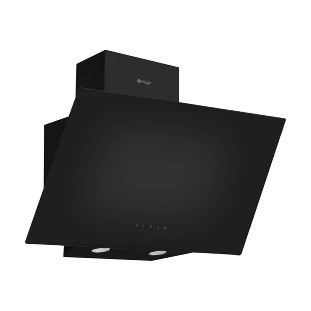 Modern black angled kitchen extractor hood with white logo and built-in lights.
