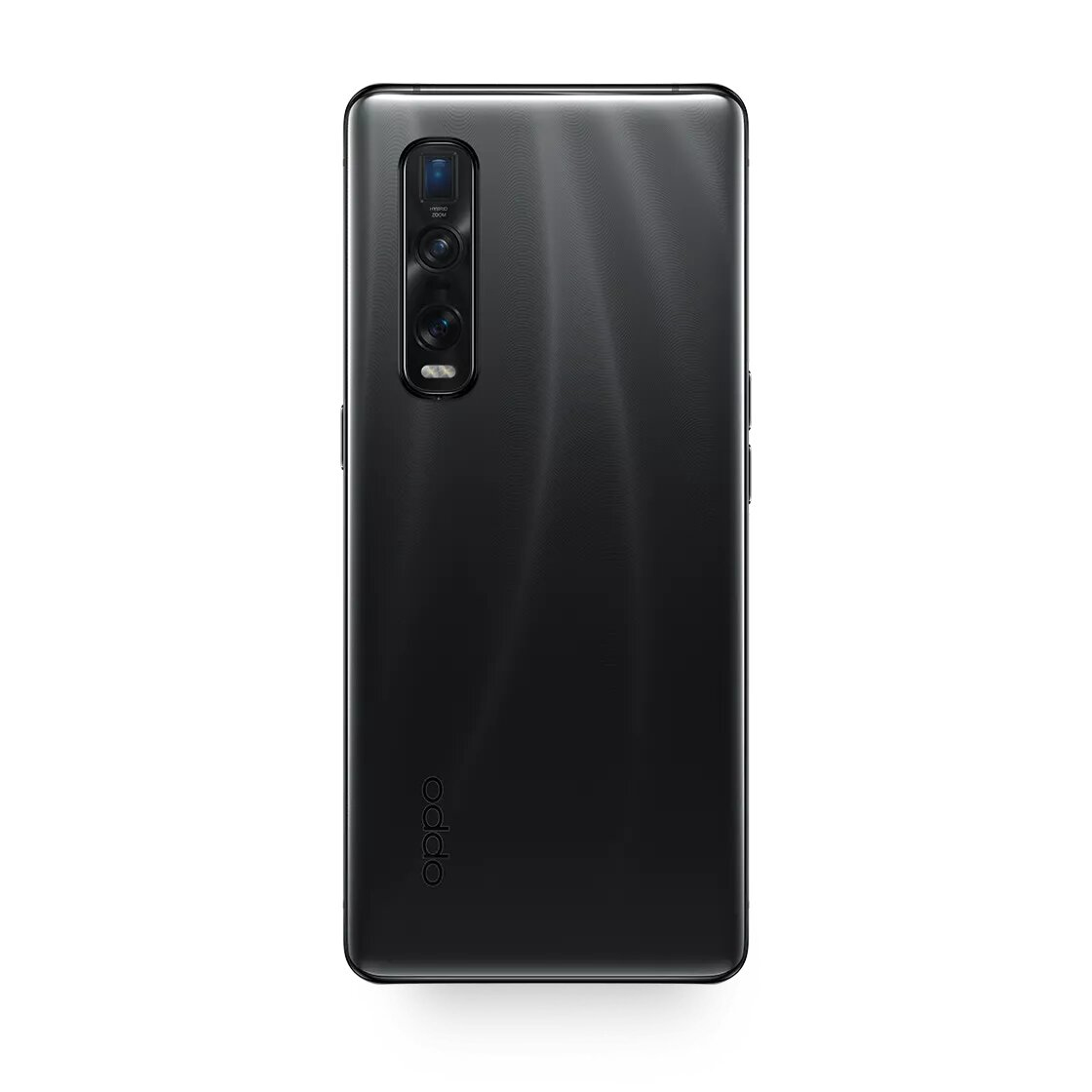 Rückseite eines schwarzen Oppo-Smartphones mit vertikalem Vierfach-Kameramodul und Logo.