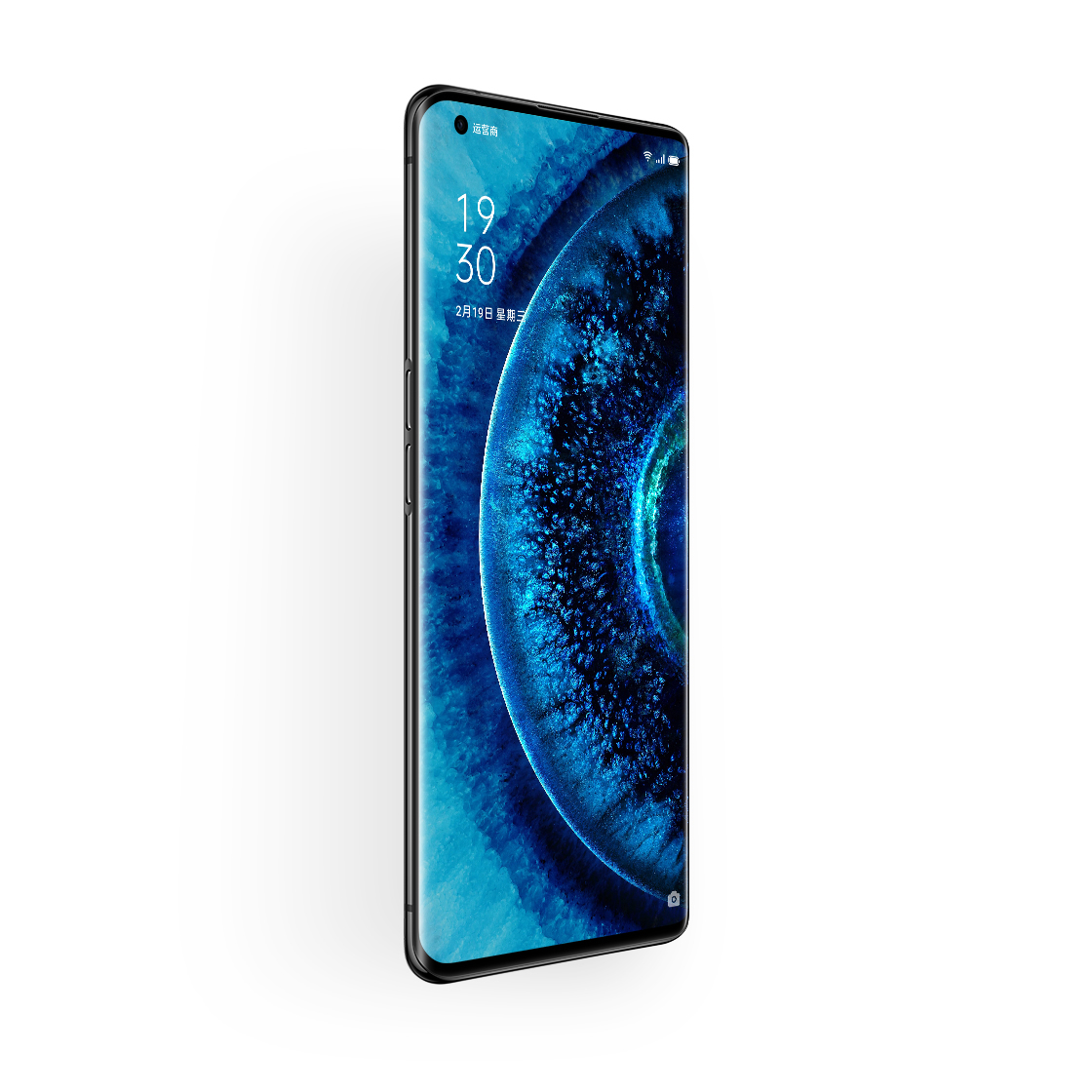 Ein Smartphone mit randlosem Display und einem blauen, abstrakten Hintergrund.