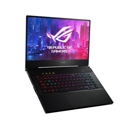 Ein schwarzer Asus ROG Zephyrus Laptop mit bunter Hintergrundbeleuchtung und einem Cyberpunk-Stadthintergrund.