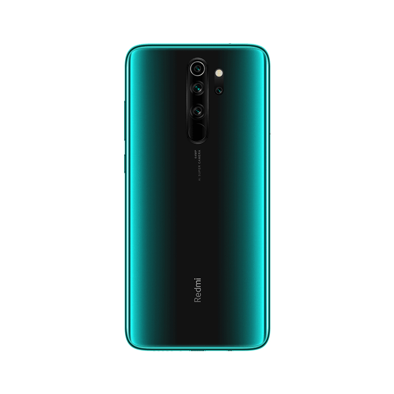 Rückseite eines grünen Smartphones mit vertikaler Vierfachkamera und Redmi-Logo auf weißem Hintergrund.