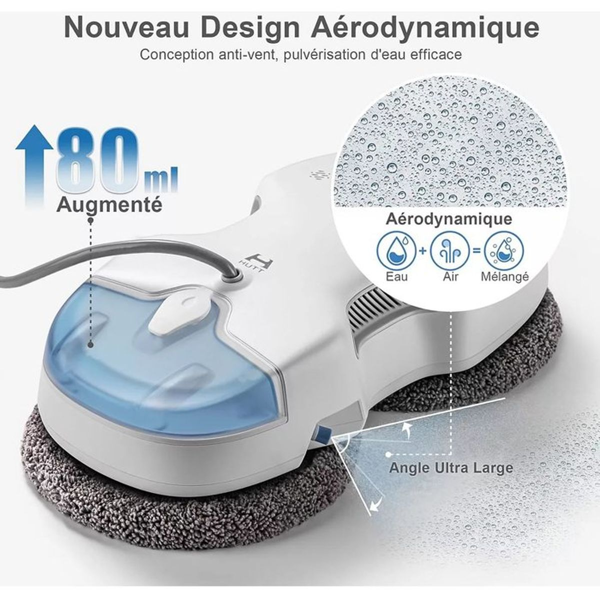 Robot pulisci vetri bianco con serbatoio acqua da 180ml, panno grigio e grafico spray.