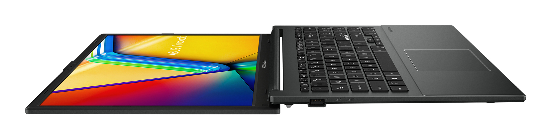 Ein schwarzer Asus Vivobook Laptop mit farbenfrohem Bildschirm ist flach auf einer weißen Oberfläche ausgebreitet.