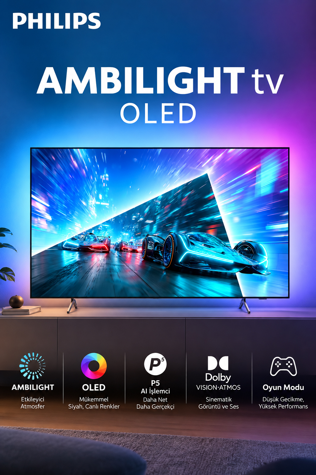 Ekranında yarış oyunu sahnesi olan Philips Ambilight OLED TV ve altta beş özellik simgesi.