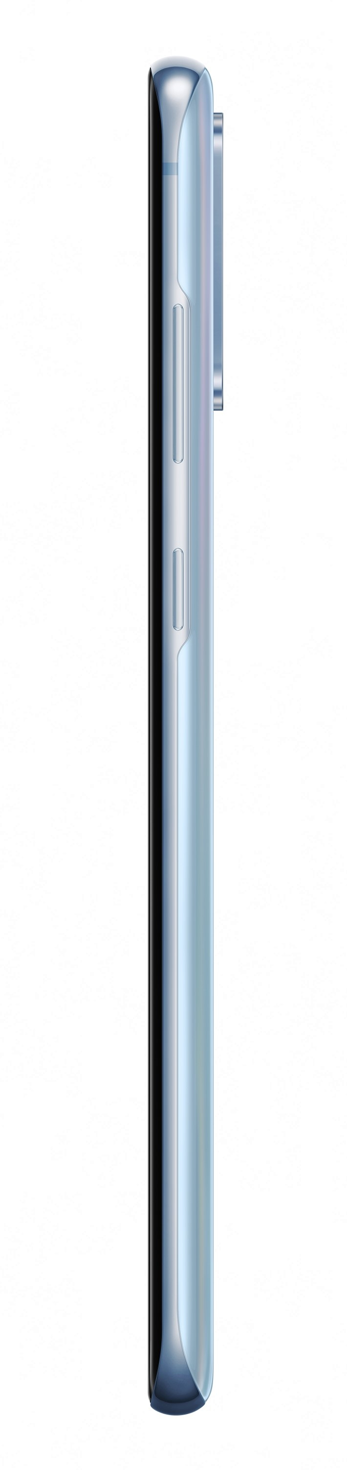 Side view of a light blue smartphone with two buttons and a camera module on the right side against a white background.
