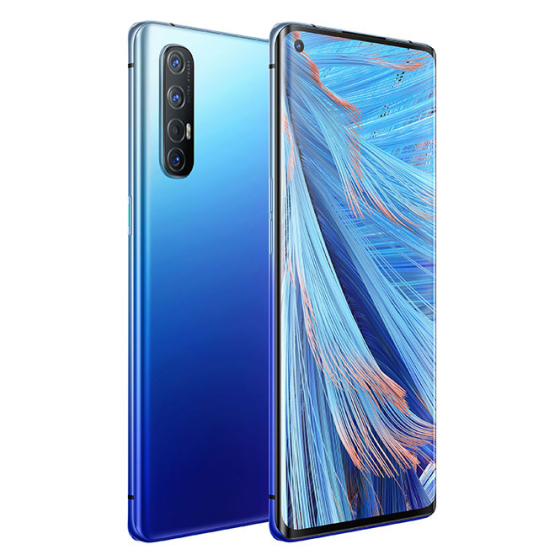 Un smartphone azul degradado muestra su parte trasera y su pantalla frontal con fondo abstracto.