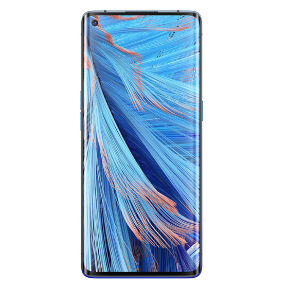 Un teléfono inteligente con pantalla curva muestra un patrón de plumas abstracto azul y naranja.