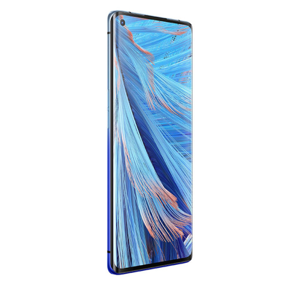Un teléfono inteligente con fondo abstracto azul, bordes curvos y cámara frontal.