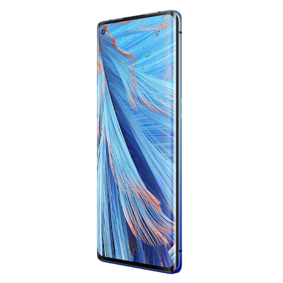 Un smartphone con pantalla curva muestra un vibrante patrón abstracto de plumas azules y naranjas.