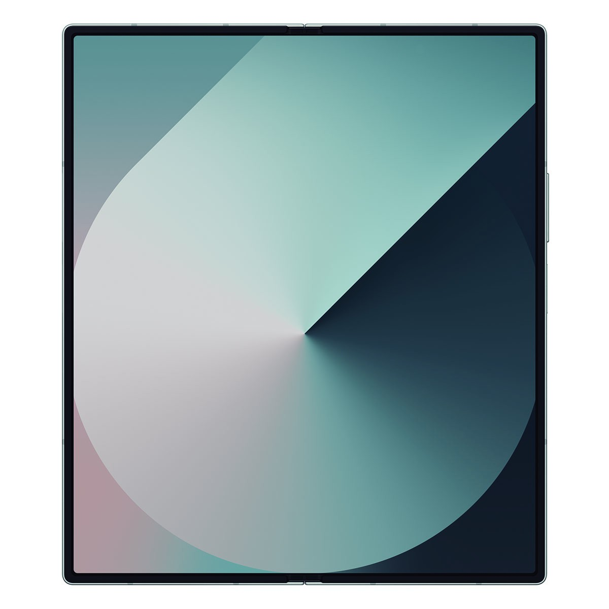 Un teléfono inteligente plegable abierto muestra una pantalla con un diseño abstracto geométrico en azul y blanco.