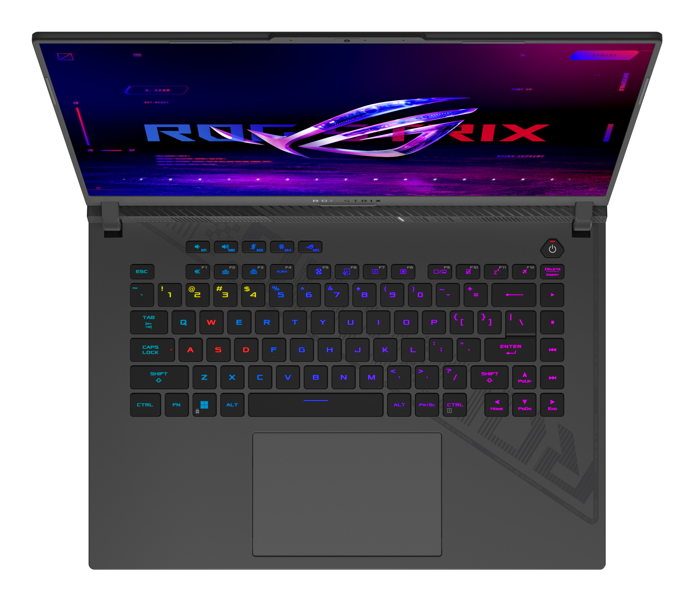 Czarny laptop do gier widziany z góry z klawiaturą podświetlaną RGB i logo ROG Strix na ekranie.