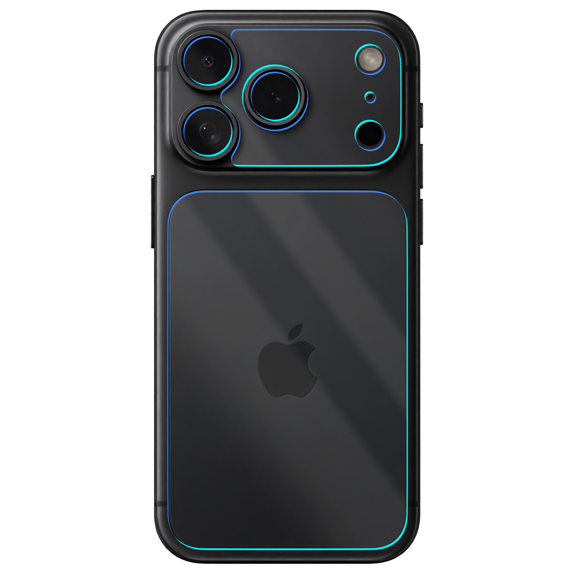 Tył czarnego iPhone'a z modułem aparatu i świecącymi niebieskimi krawędziami.