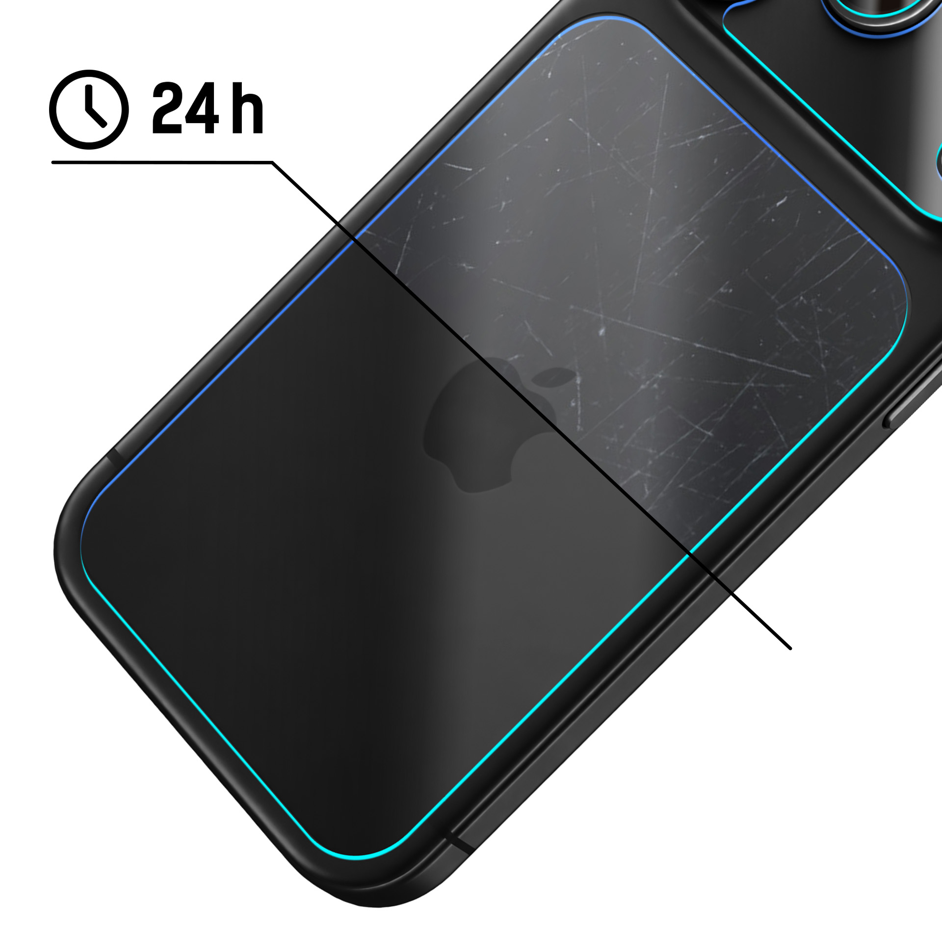 Widok podzielony czarnego iPhone'a z ikoną 24h pokazującą naprawę.