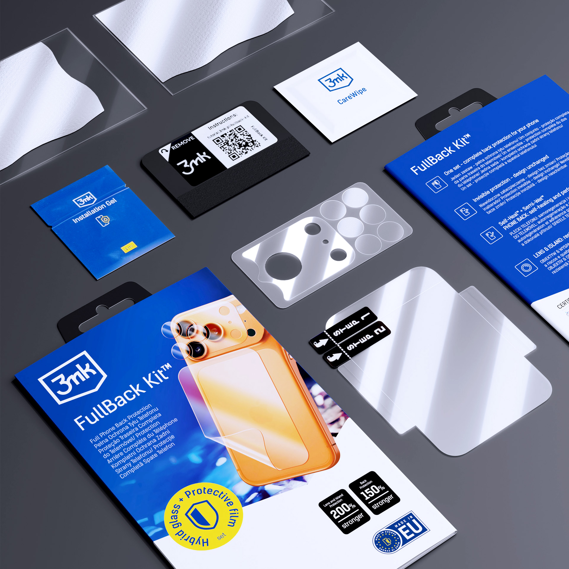 Zestaw ochronny do telefonu 3mk FullBack Kit z niebieskim opakowaniem, foliami i akcesoriami na ciemnym tle.