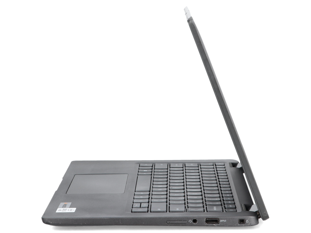 Widok z boku czarnego laptopa na białym tle, pokazujący klawiaturę, touchpad i porty.
