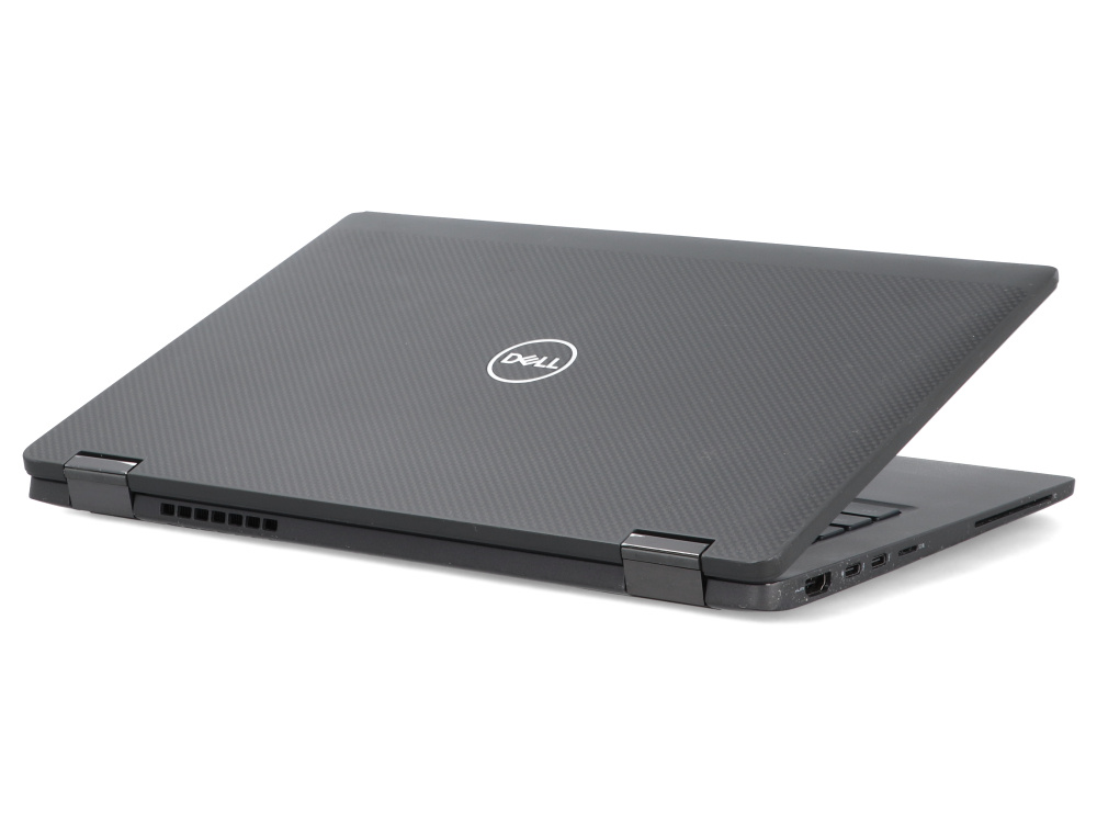 Zamknięty czarny laptop Dell na białym tle z widocznym logo.