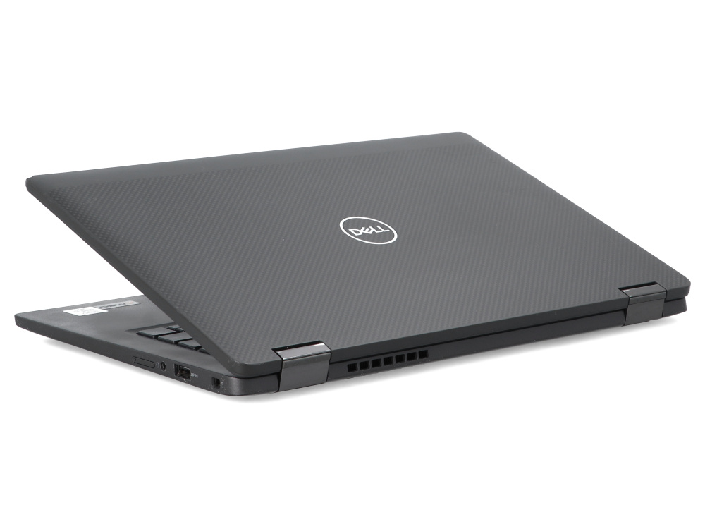 Zamknięty czarny laptop Dell z teksturowanym wykończeniem i białym logo na białym tle.