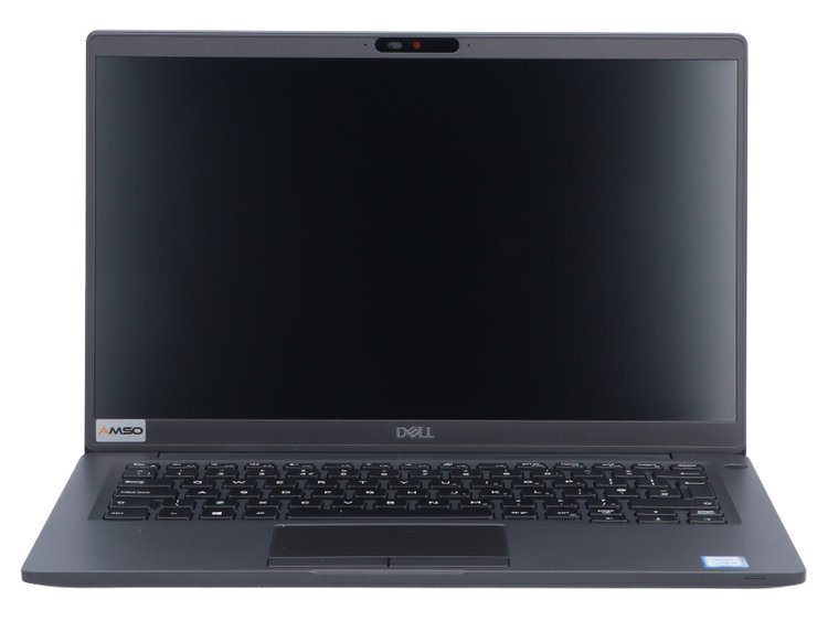 Czarny laptop Dell pokazany od przodu, z zamkniętym czarnym ekranem, klawiaturą i kamerą internetową.