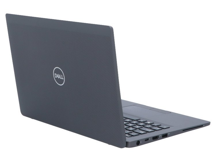 Szary laptop Dell na białej powierzchni, pokazujący tył z logo firmy.