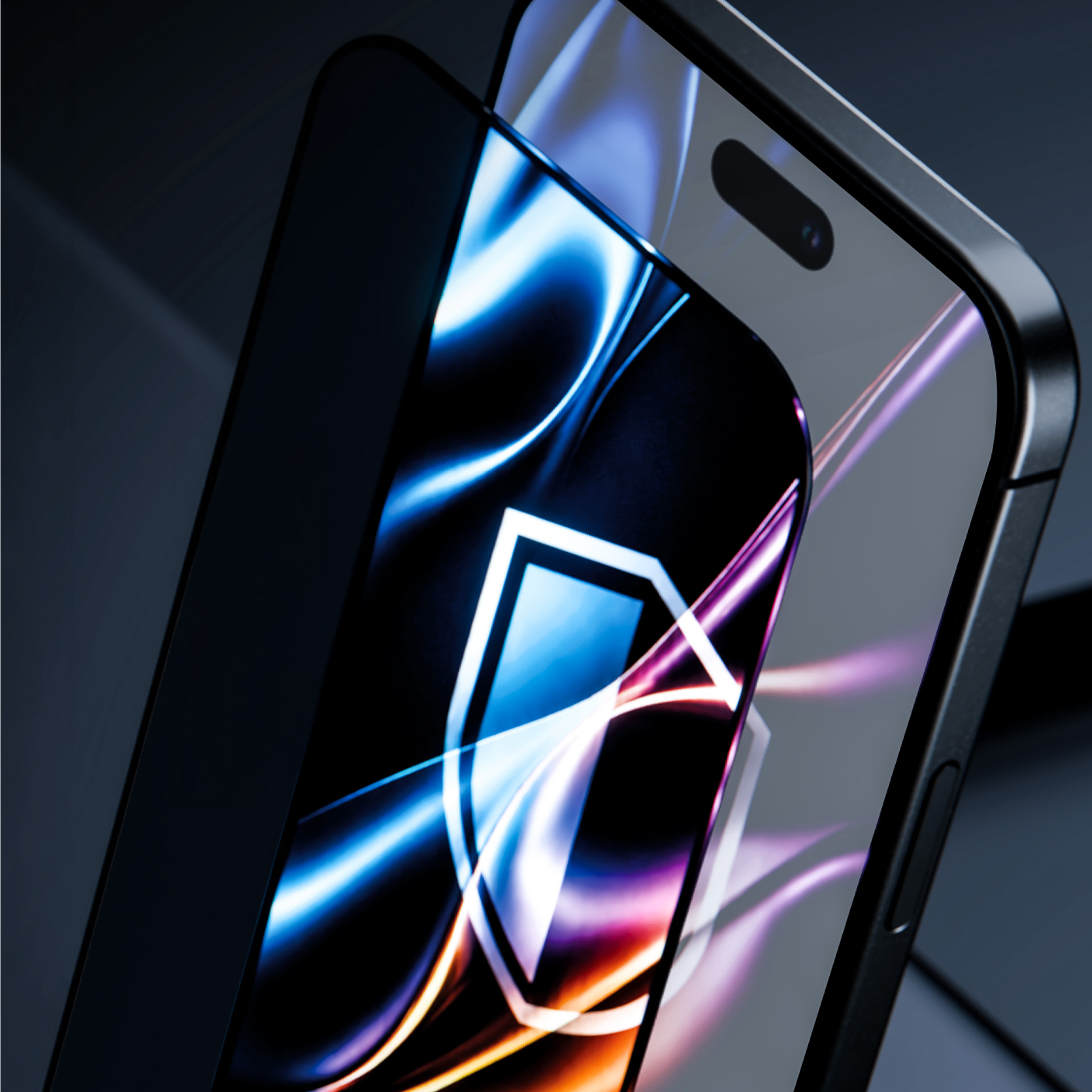 Smartfon z folią ochronną wyświetlającą niebiesko-pomarańczowy, abstrakcyjny wzór.