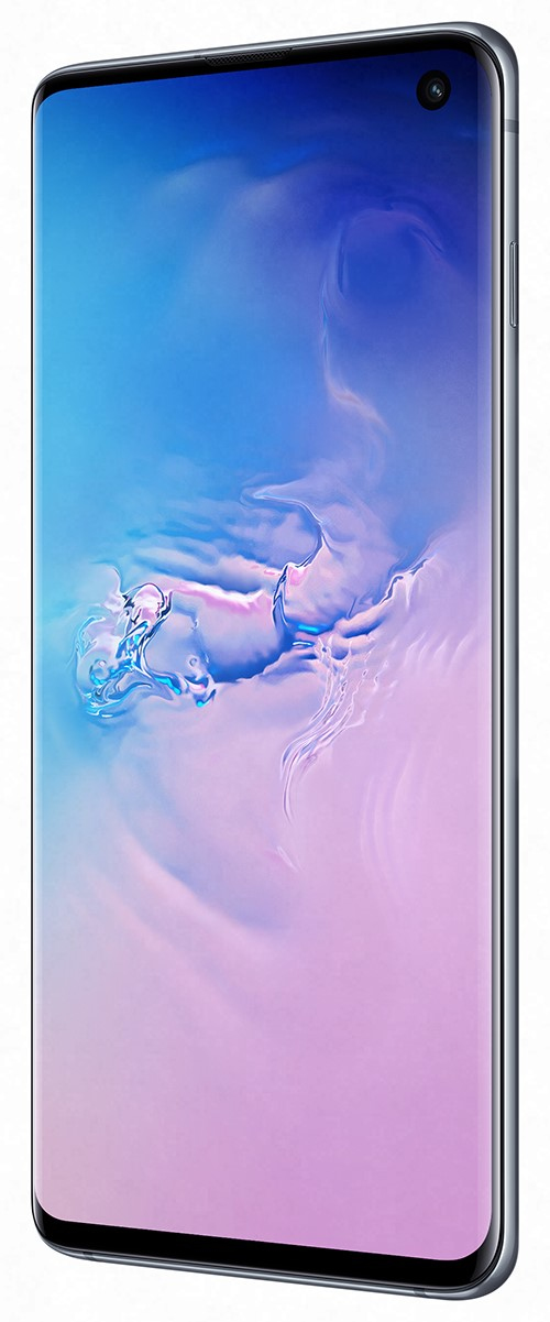 Ein Smartphone mit blau-rosa Hintergrundbild steht leicht angewinkelt auf weißem Grund.