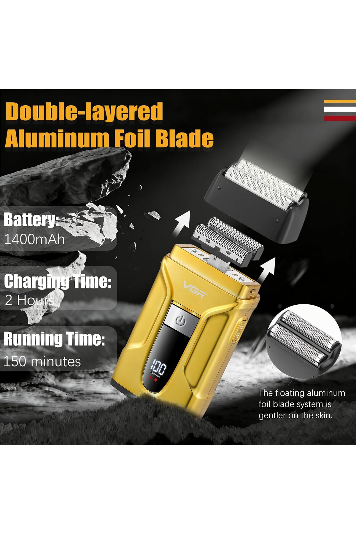 Alüminyum bıçaklı, dijital ekranlı, 1400mAh bataryalı ve arka planda kaya detayları olan altın renkli elektrikli tıraş makinesi.