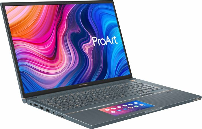 Ein offener blauer Laptop mit farbenfrohem Hintergrundbild und einem zweiten Bildschirm im Touchpad.