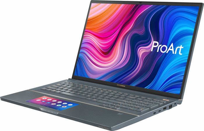 Grauer ProArt Laptop mit farbigem Display und integriertem Touchpad-Bildschirm.