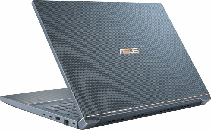 Ein grauer Asus-Laptop mit feiner Textur und goldenem Logo auf der geschlossenen Rückseite.