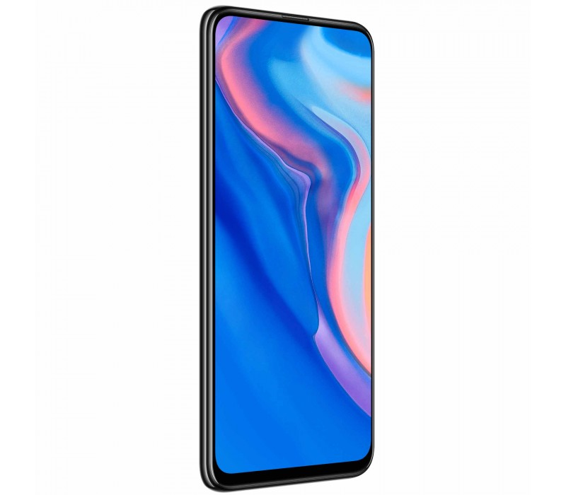 Un smartphone negro con esquinas redondeadas y un fondo de pantalla colorido en azul y rojo.