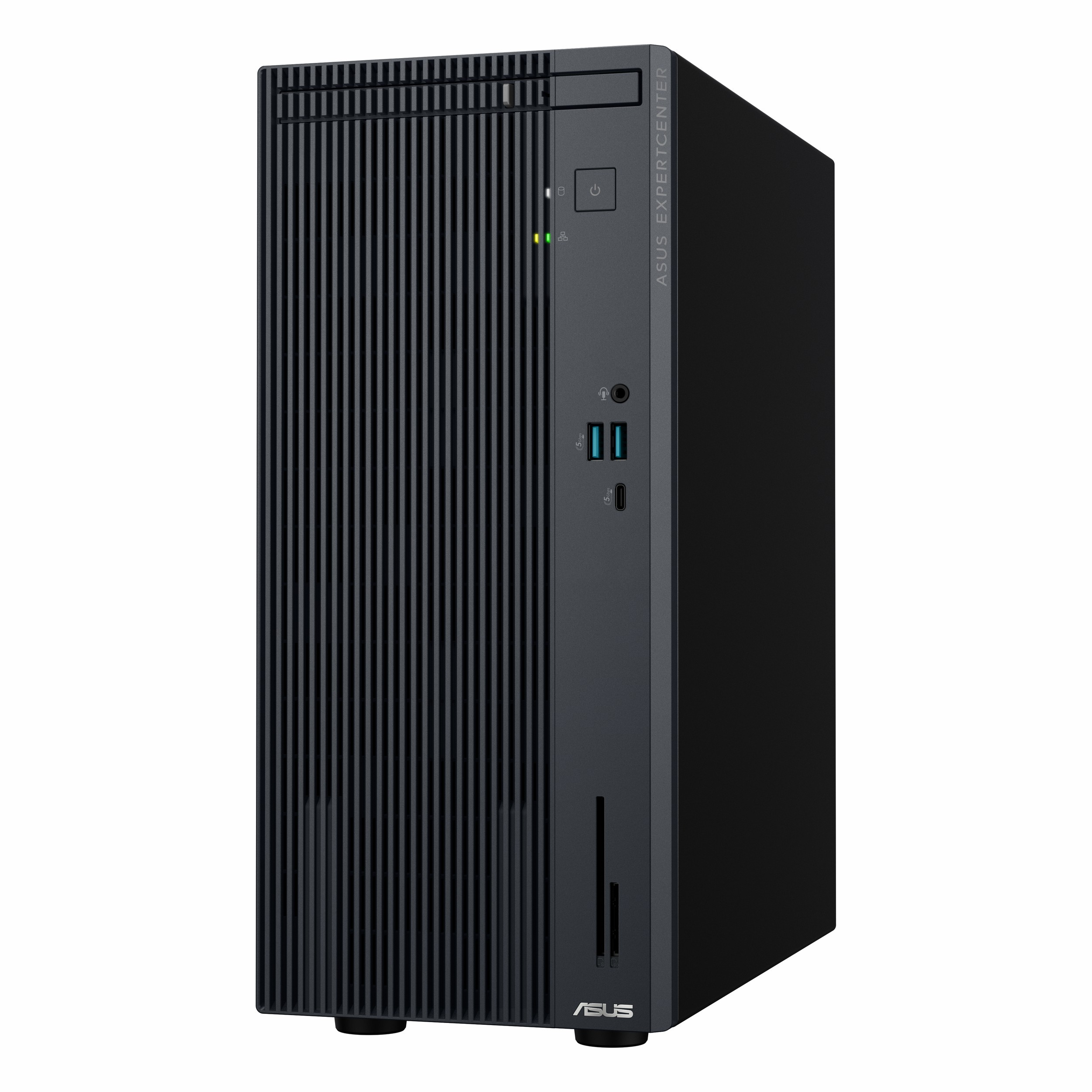 Beyaz arka planda dikey çıtalara ve ön bağlantı noktalarına sahip siyah Asus ExpertCenter masaüstü kasası.