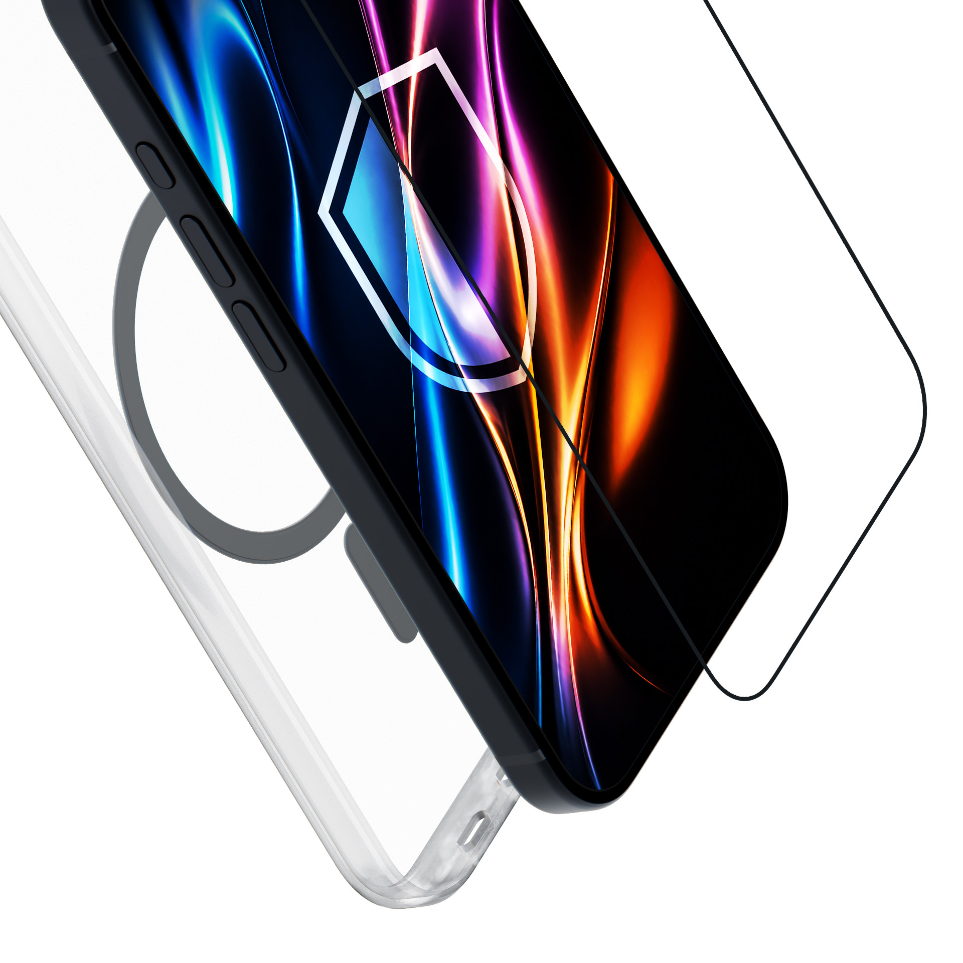 Smartfon z kolorową folią ochronną i przezroczystym etui na białym tle.