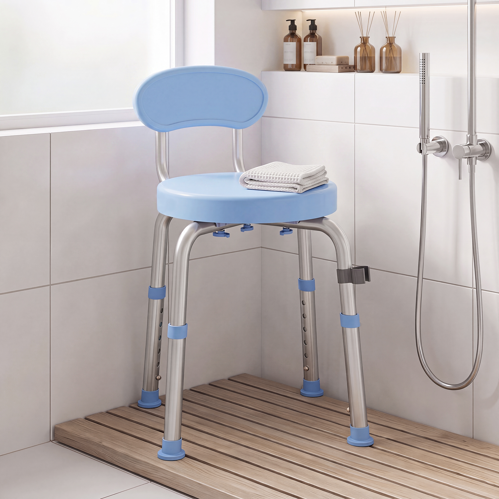 Un taburete de ducha azul con respaldo está sobre una estera de madera en una ducha alicatada.