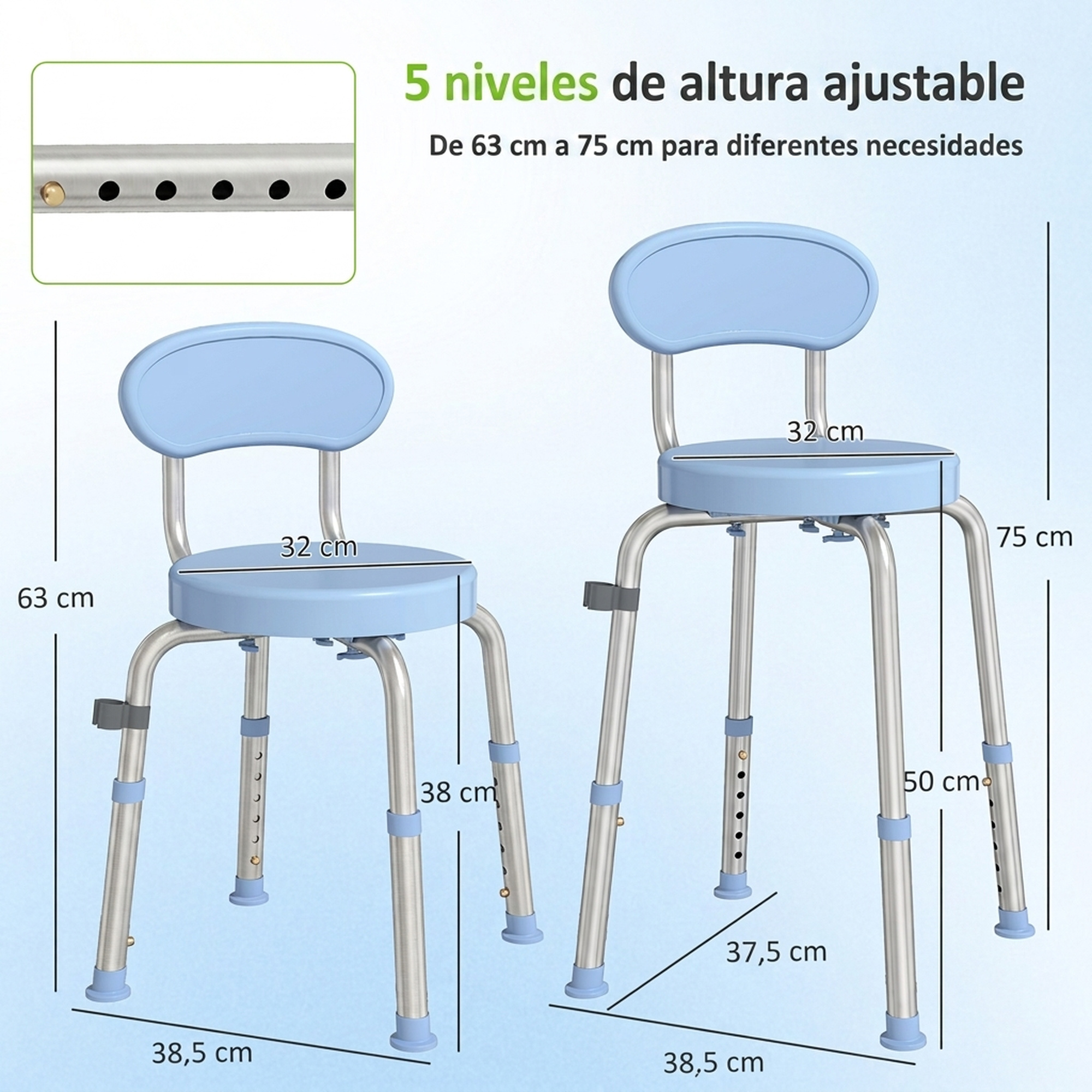 Diagrama que muestra un taburete de ducha azul con altura ajustable de 63cm a 75cm y dimensiones.