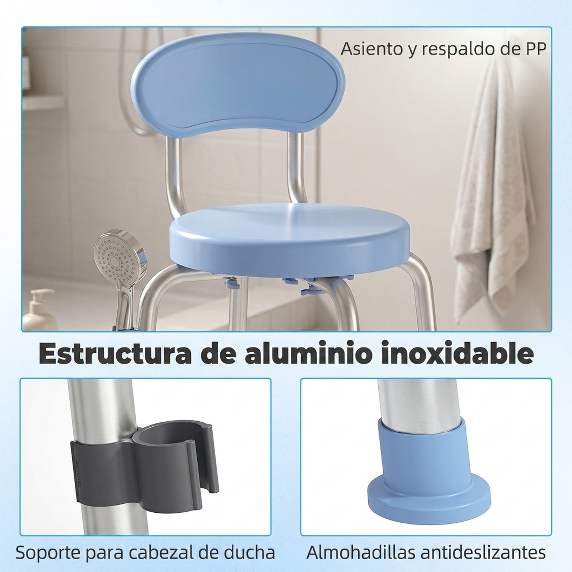 Un taburete de ducha azul con estructura de aluminio, soporte de ducha y patas antideslizantes.