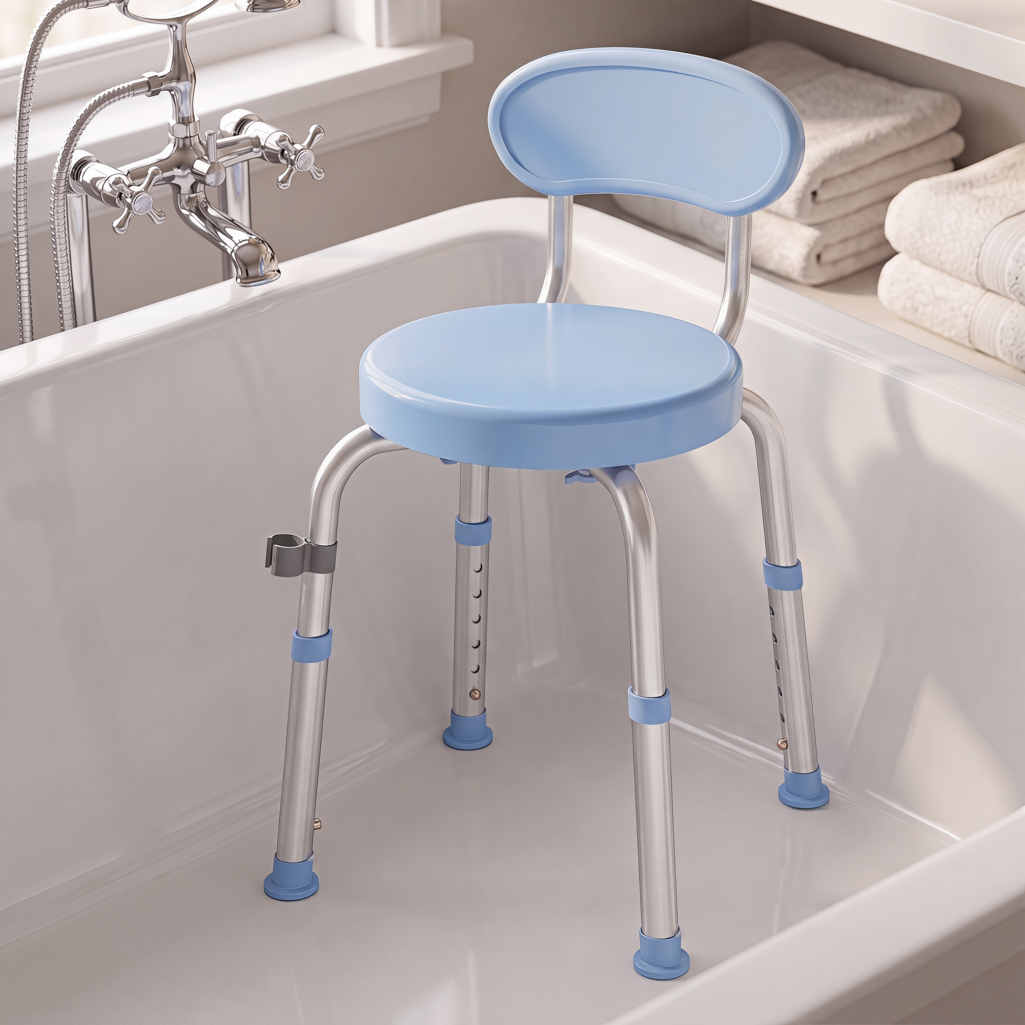 Un taburete de baño azul claro con marco de metal ajustable se encuentra dentro de una bañera blanca.
